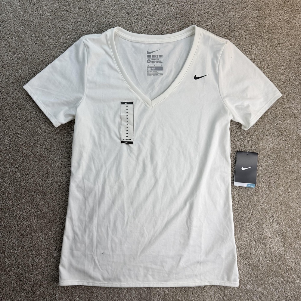 Nike Shirt Womens Medium White Dri-FIT V-Neck Short Sleeve Training Workout Top